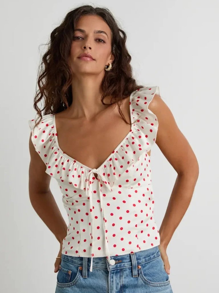 *Brand New With Tags* Lulus Vivi Red And White Polka Dot Tie Blouse
